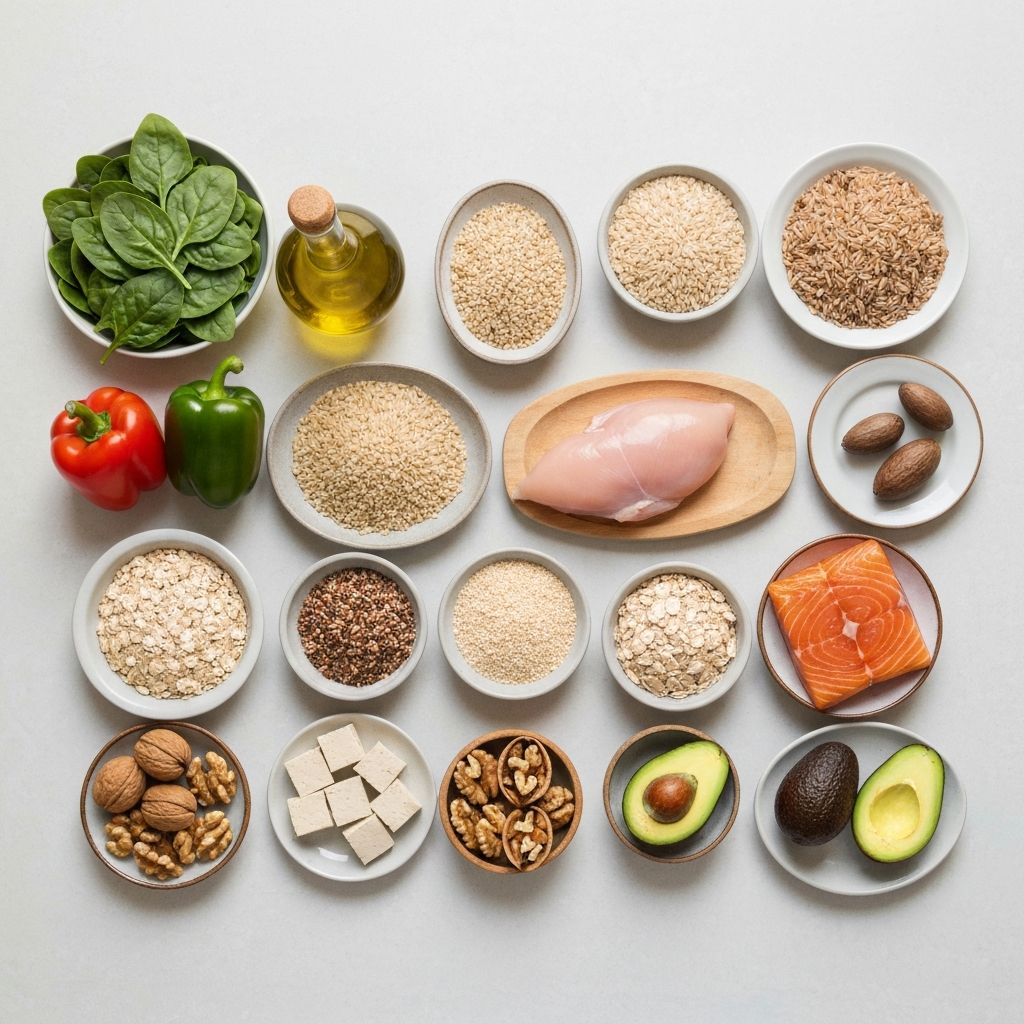 Various macronutrient-rich foods displayed together